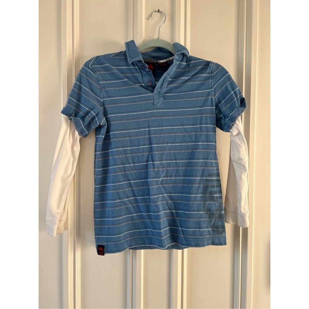 Tony Hawk boy’s blue striped polo shirt with long sleeve white tee under 10-12